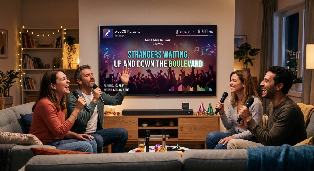 Família cantando karaokê na Smart TV